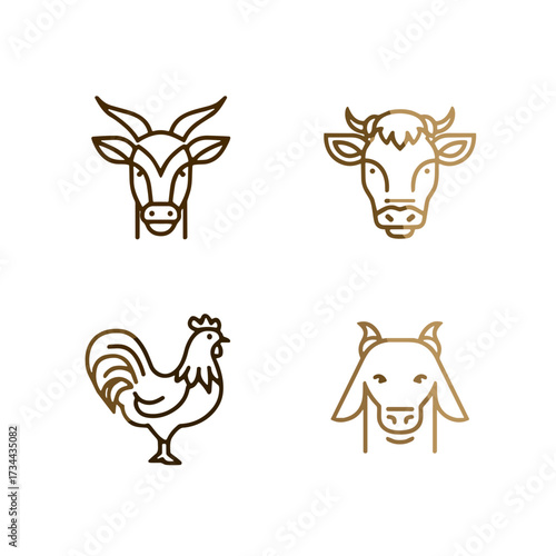 Set of farm animal icons in minimalist style with golden outline  