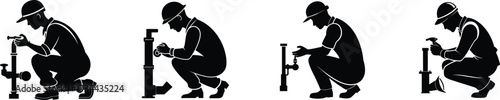 Silhouette of a plumber kneeling to tighten a pipe with a wrench for plumbing repairs vector