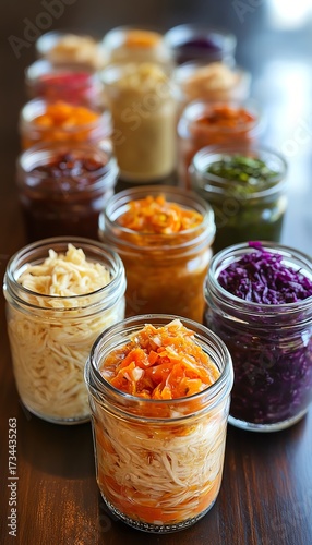 Assorted pickled vegetables in glass jars, showcasing colorful and vibrant preservation on a wooden table.