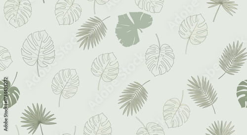 Tropical Leaves Pattern in Gentle Green Hues, A Serene Botanical Illustration