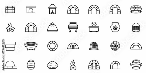 Collection of simple line icons depicting various ovens, kilns, hearths, and cooking vessels, perfect for culinary, historical, or DIY project themes