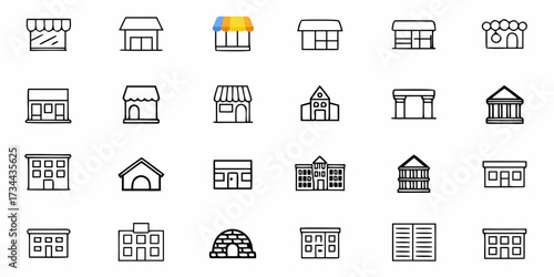 Modern and classic building icons set for business, commerce, and urban design projects, offering a versatile collection of storefronts, offices, and institutions for your creative needs.