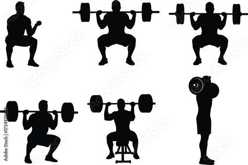 Silhouette of strong men lifting heavy barbell weights, fitness workout, gym training, bodybuilding exercise, strength training, squat position, powerlifting pose.