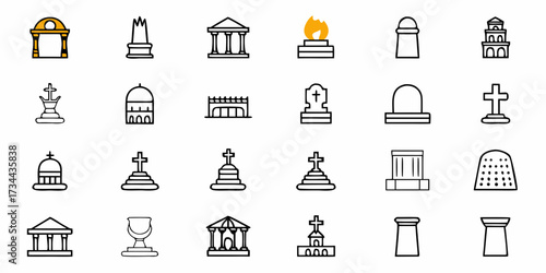 Collection of distinct monument and memorial icon set representing historical sites, religious symbols, and commemorative structures, perfect for educational or informational projects.