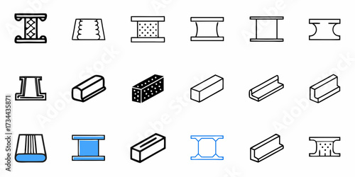 Collection of various architectural beam icons in different styles and colors, showcasing diverse designs and shapes, illustrated in a grid layout, various