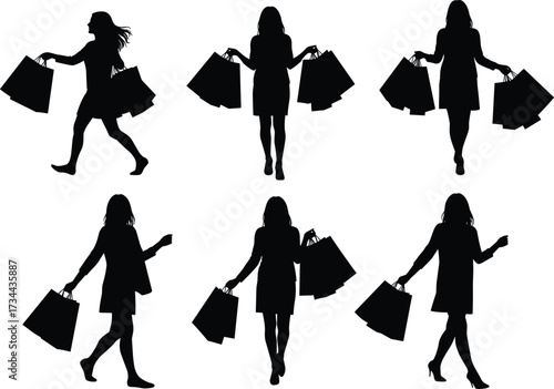 Silhouette of stylish women carrying multiple shopping bags, fashion lifestyle, retail store, consumerism, elegant female shoppers walking and posing confidently.