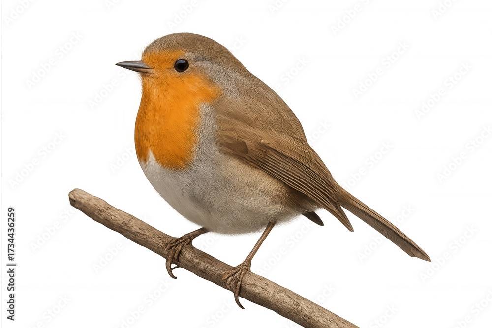 Fototapeta premium European robin perched on branch, looking left, with bright orange breast and transparent background