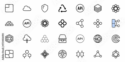 Dynamic collection of modern technology and business icons including cloud, API, network connections, and security symbols for digital innovation and seamless integration concepts