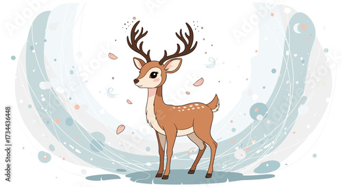 An elegant deer with large antlers stands in a whimsical natural setting.