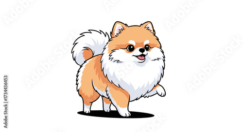 A fluffy pomeranian dog with a happy expression and a wagging tail standing on its hind legs.