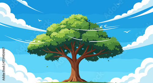 A majestic green tree stands tall against a vibrant blue sky filled with fluffy white clouds and a few distant birds.