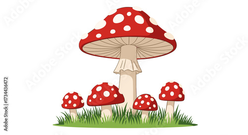 A charming cluster of classic red and white spotted mushrooms growing in vibrant green grass