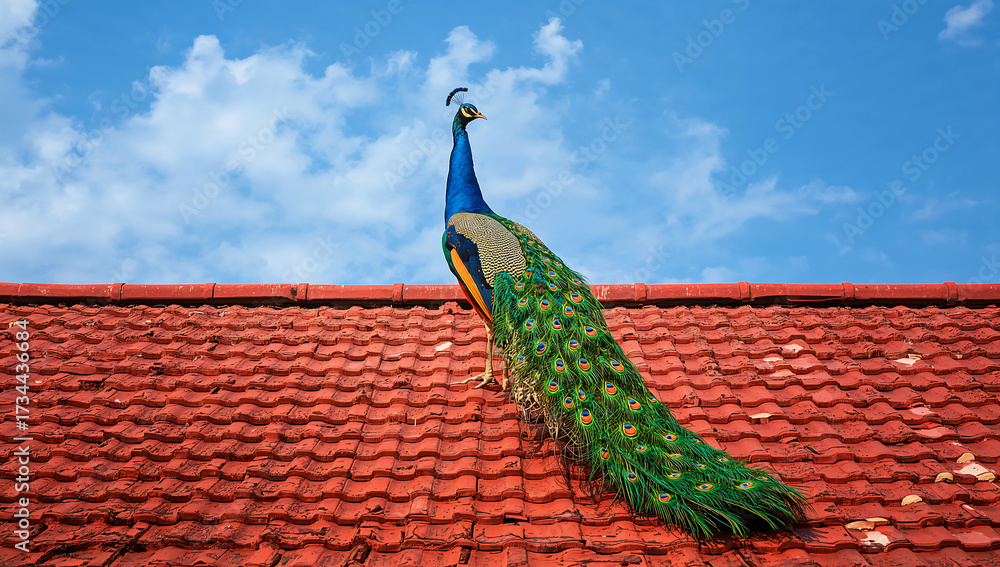 Fototapeta premium Majestic peacock with vibrant iridescent feathers perched regally on a weathered terracotta rooftop under a bright blue sky with scattered clouds