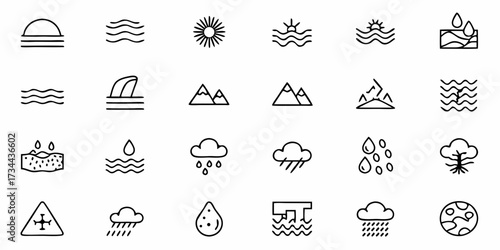 Collection of hand-drawn nature and weather icons representing sun, waves, mountains, rain, clouds, water drops, land, and earth for environmental concepts and design projects.