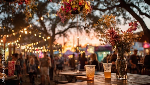 Night festival scene with people enjoying music, tents, and lively bokeh atmosphere under glowing string lights