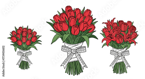 Three bouquets of vibrant red tulips tied with decorative white ribbon.