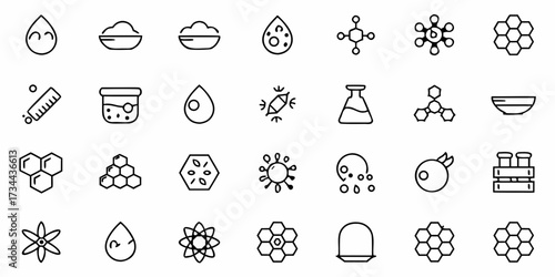 Discover a versatile collection of science and research icons featuring molecules, cells, lab equipment, and natural structures for innovative projects