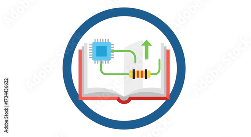 Vector icon of an open book with an electronic circuit, symbolizing STEM education and learning engineering