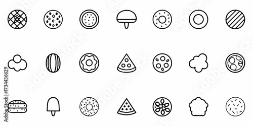 Delightful collection of minimalist food icons featuring pizzas, donuts, burgers, and sweet treats perfect for menus, apps, and culinary branding