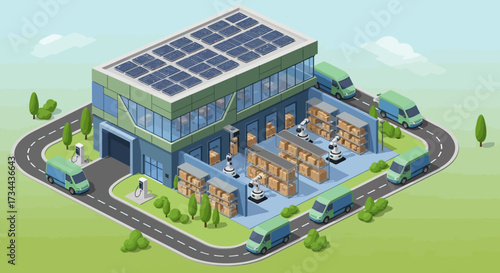 Modern green logistics hub with solar panels and electric vehicles, representing sustainable warehousing and eco-friendly transportation