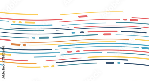 An abstract background of colorful horizontal lines and dashes creating a dynamic visual pattern.