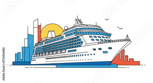 Luxury cruise ship sailing past modern city skyline with colorful buildings and sun.