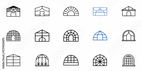 Discover an array of modern greenhouse icons, perfect for illustrating gardening, agriculture, and botanical projects with clean, scalable designs capturing diverse structures.