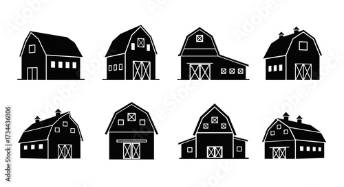 A collection of stylized barn outlines showcasing various architectural designs and rooflines commonly found in agricultural settings.