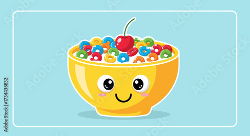 Cute cartoon yellow bowl filled with colorful ring-shaped breakfast cereal, featuring a smiling kawaii face and a single red cherry on top