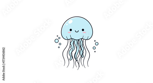 A delightful illustration of a cute blue jellyfish with a sweet smiley face and trailing tentacles floating gently in the water with small bubbles surrounding it.