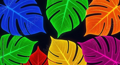 Vibrant Monstera Leaves: A Kaleidoscope of Neon Colors Against a
