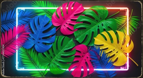 Vibrant Monstera Leaves and Palm Fronds Framed by a Neon Light o