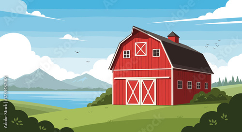 A vibrant red barn stands proudly on a rolling green hillside overlooking a serene lake with distant mountains under a bright blue sky dotted with fluffy white clouds.