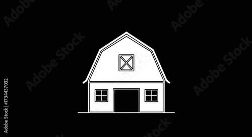 A classic white barn with a gambrel roof stands on a dark background.