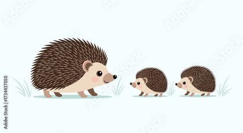 A heartwarming illustration of a mother hedgehog leading her two adorable young hoglets through the grassy field.