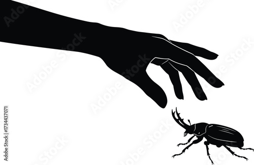Human hand silhouette reaching toward beetle, nature interaction concept, insect study moment, curiosity and care, wildlife connection, minimalist vector illustration