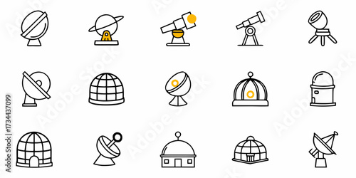 Inspiring collection of astronomy and space exploration icons featuring telescopes, observatories, and satellite dishes for scientific and educational projects