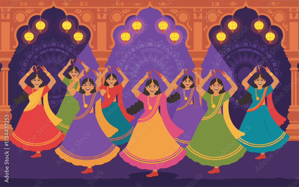 Obraz premium Indian women dancing in colorful dresses with lanterns