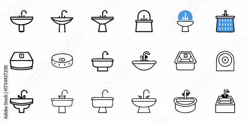 Discover versatile modern bathroom and plumbing icons featuring sinks, toilets, and shower elements for clean, professional designs and innovative projects.