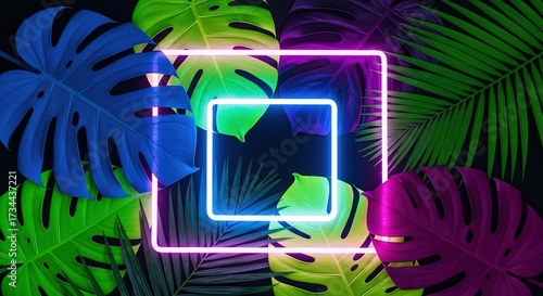 Vibrant Monstera Leaves Framed by a Glowing Neon Square on a Dar
