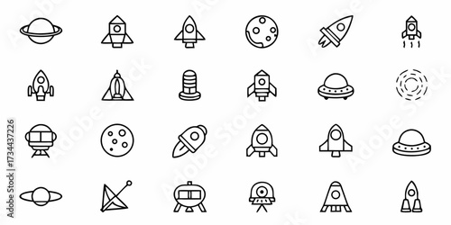 Explore the cosmos with this collection of futuristic spacecraft, planets, and alien UFO icons ready for your next big project, perfect for science fiction themes and space exploration designs.