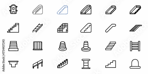 Diverse collection of modern stair and escalator icons representing movement, progress, and architectural elements for design projects