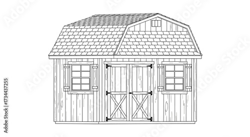 A charming gambrel roof storage shed with double doors and two windows.