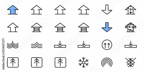 Diverse set of hand-drawn icons showcasing arrows, waves, buildings, snowflakes, and signals, perfect for modern app interfaces, web design, and informational graphics