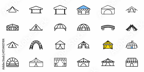 Collection of stylized tents and market stalls for events, festivals, and outdoor gatherings, perfect for design projects needing portable shelter icons