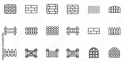 Diverse collection of architectural outline icons featuring various brick walls, wooden fences, and arched window designs for construction and design projects