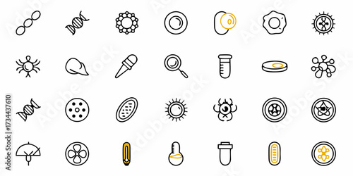 Discover cutting-edge science and research icons featuring DNA, cells, and lab equipment for innovative projects and medical advancements