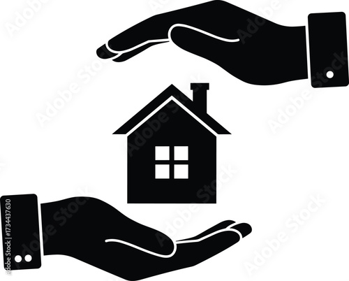 Silhouette of protective hands cradling a house — symbolizing home insurance, real estate security, property care, family safety, and housing protection in minimalist vector design