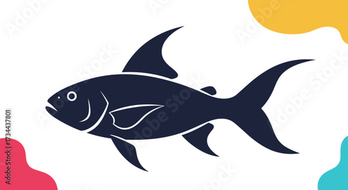 A dark blue fish with sharp fins swims gracefully against a white background with colorful abstract shapes.