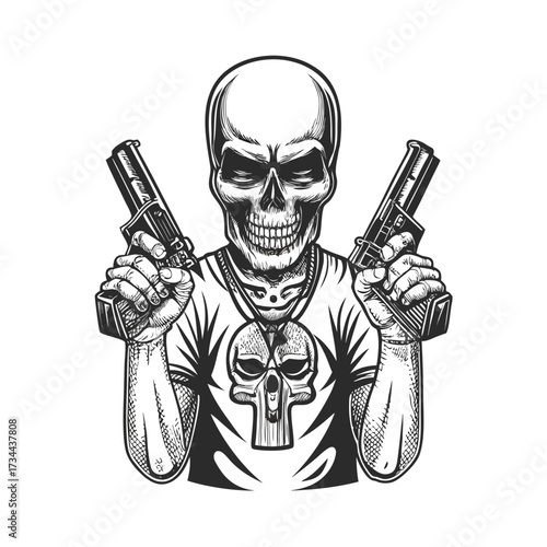 Skull Figure Holding Dual Pistols Illustration